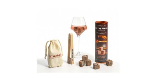 Coffret 6 pierres à vin en granit rose de Bretagne avec pince en bois de hêtre On The Rock