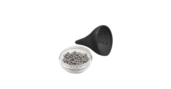Billes de nettoyage en inox dans leur base transparente, avec cône noir séparé
