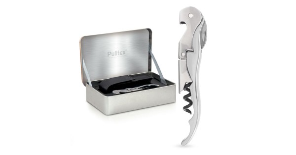 Coffret Pulltap’s Classic Pulltex avec boîte métallique ouverte et sommelier chromé