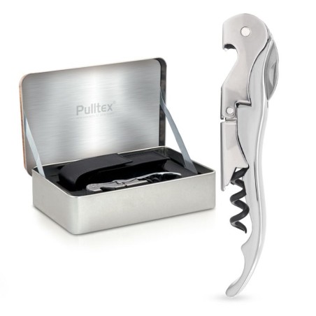 Coffret Pulltap’s Classic Pulltex avec boîte métallique ouverte et sommelier chromé