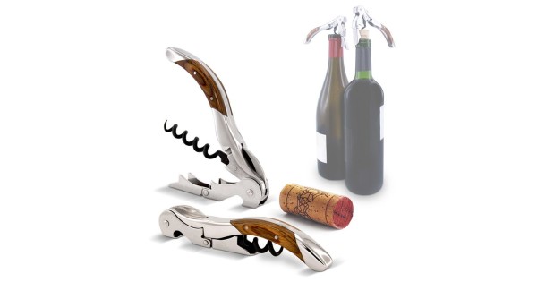 Sommelier Toledo Pulltex ouvert et replié, présenté avec une bouteille