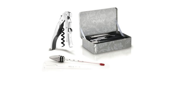 Coffret ClickCut Pulltex ouvert avec tire-bouchon chromé, thermomètre et alcoomètre