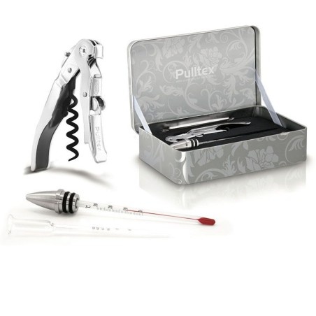 Coffret ClickCut Pulltex ouvert avec tire-bouchon chromé, thermomètre et alcoomètre