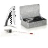 Coffret ClickCut Pulltex ouvert avec tire-bouchon chromé, thermomètre et alcoomètre