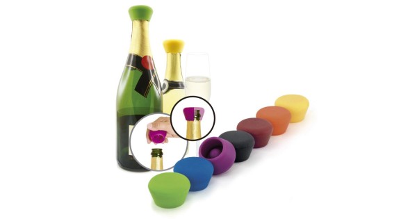 Illustration des bouchons Pulltex de différentes couleurs et de leur pose sur une bouteille