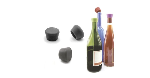 Bouchon à vin noir Pulltex présenté avec des bouteilles