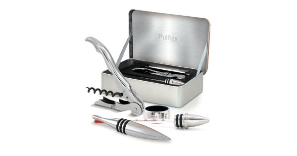 Coffret Classic Wine Set de Luxe Pulltex ouvert avec ses quatre accessoires