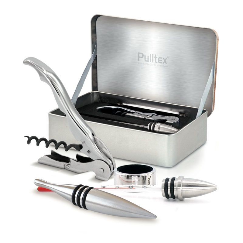 Coffret Classic Wine Set de Luxe Pulltex ouvert avec ses quatre accessoires