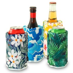 Quatre gaines rafraîchissantes Pulltex à motifs assortis sur bouteilles et canettes