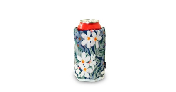Gaine rafraîchissante Pulltex à fleurs blanches sur une canette