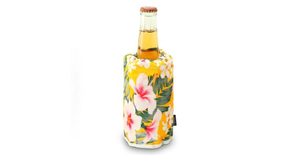 Gaine rafraîchissante Pulltex jaune à fleurs sur une bouteille de bière