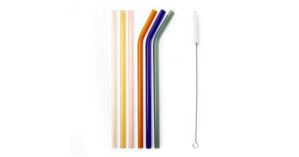 Six pailles en verre coloré Kikkerland, droites et courbées, avec goupillon