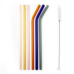 Six pailles en verre coloré Kikkerland, droites et courbées, avec goupillon