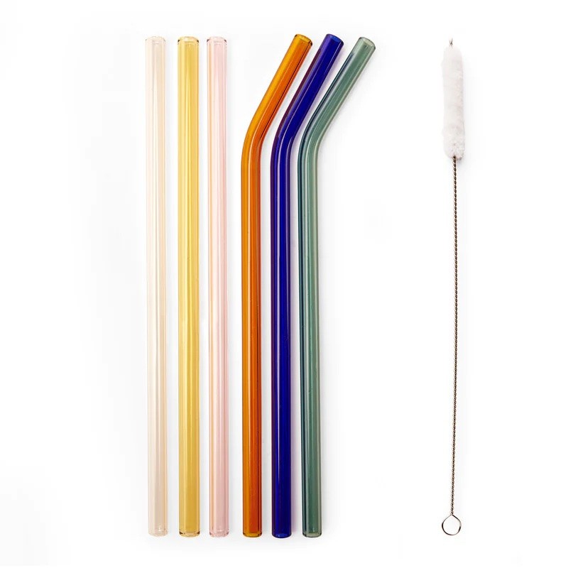 Six pailles en verre coloré Kikkerland, droites et courbées, avec goupillon