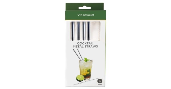 Lot de 4 pailles droites en inox Vin Bouquet avec goupillon, sous emballage