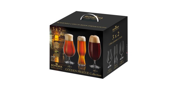 Coffret Golden Prague Bohemia Royal Crystal de six verres à bière panachés