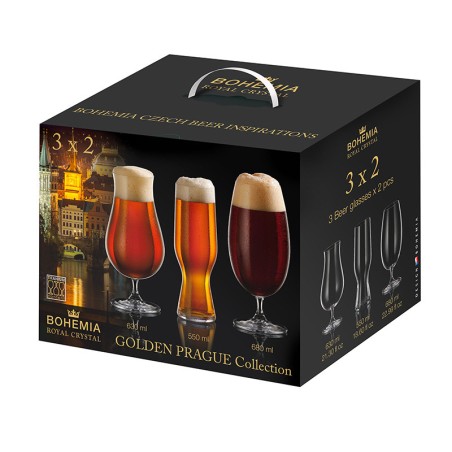 Coffret Golden Prague Bohemia Royal Crystal de six verres à bière panachés