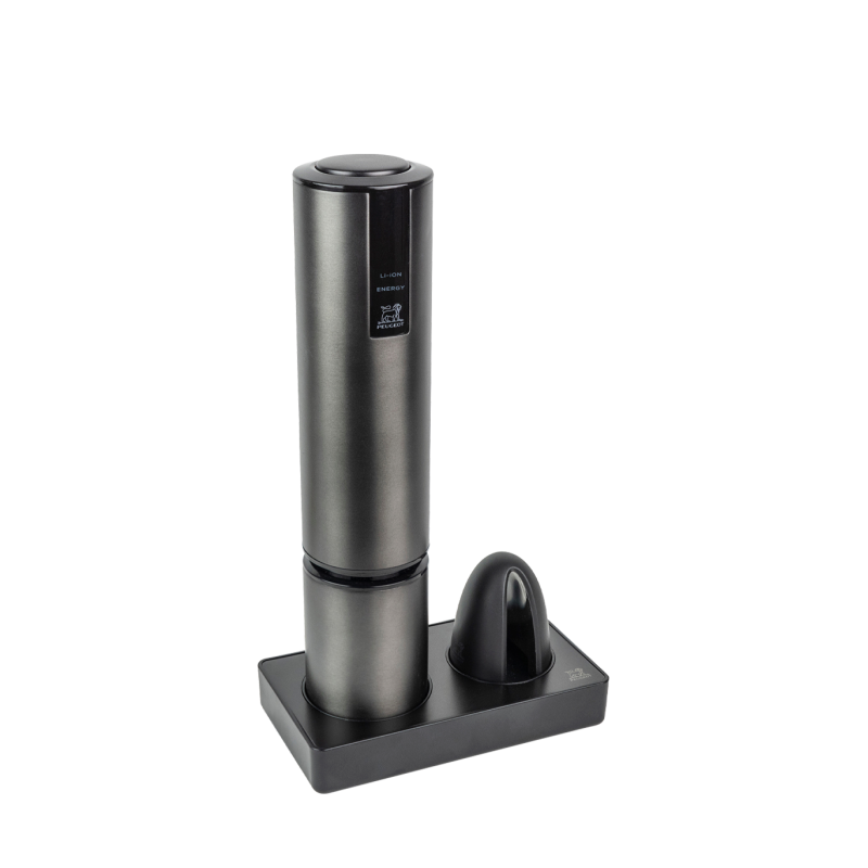 Tire-bouchon Peugeot Elis Touch Carbone sur son socle avec coupe-capsule
