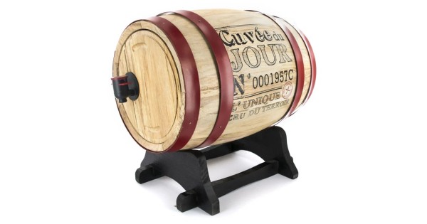 Tonnelet distributeur de vin en bois 5 L Totally Addict, décor rouge avec robinet
