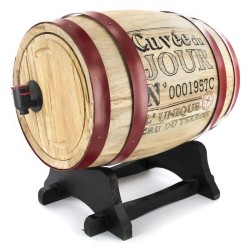 Tonnelet distributeur de vin en bois 5 L Totally Addict, décor rouge avec robinet