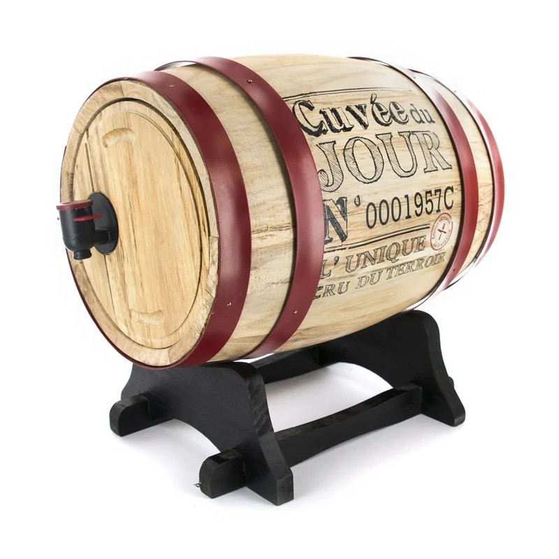 Tonnelet distributeur de vin en bois 5 L Totally Addict, décor rouge avec robinet