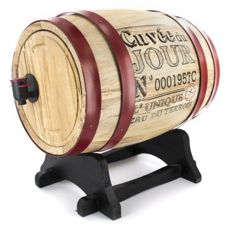 Tonnelet distributeur de vin en bois 5 L Totally Addict, décor rouge avec robinet