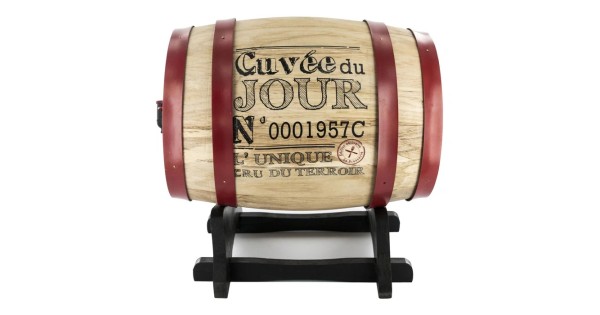 Tonnelet à vin Totally Addict sur son socle, décor rouge