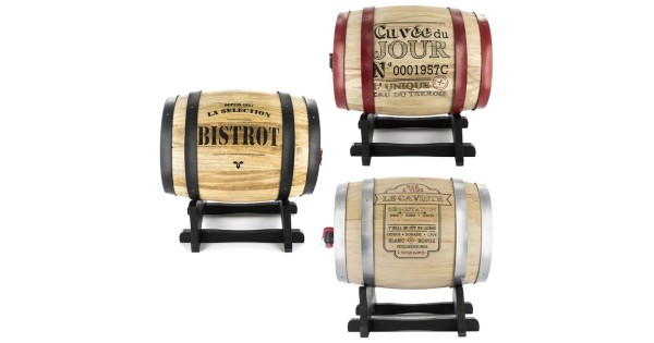 Trois décors du distributeur à vin tonneau 5 L Totally Addict