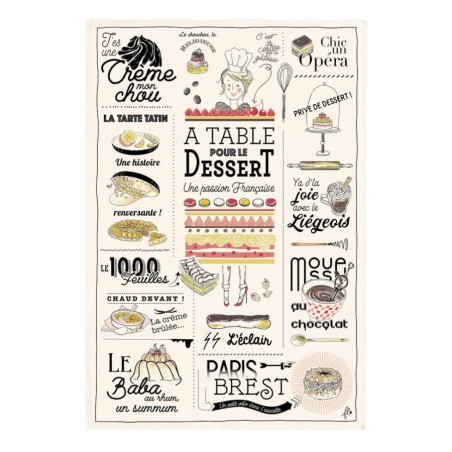 Torchon Les desserts français écru Winkler, motif imprimé