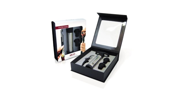 Coffret à vin Vin Bouquet ouvert avec sommelier, pompe à vide et deux bouchons
