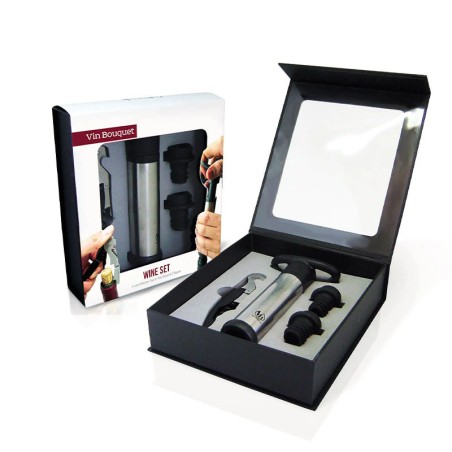 Coffret à vin Vin Bouquet ouvert avec sommelier, pompe à vide et deux bouchons