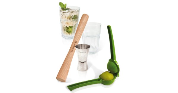Accessoires du coffret Mojito Vin Bouquet avec presse-citron, doseur, pilon et verres