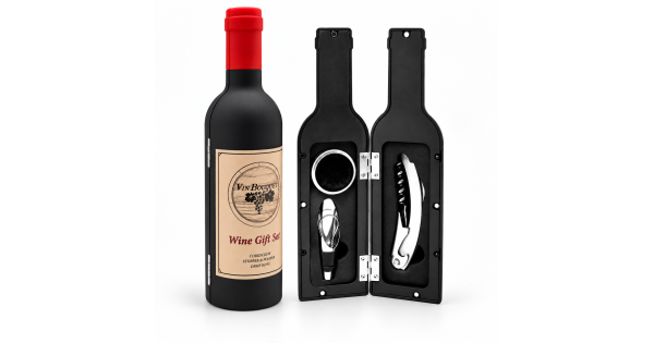 Coffret vin bouteille Vin Bouquet présenté fermé et avec ses accessoires
