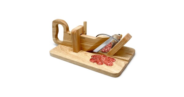 Guillotine à saucisson Nerthus en bois et inox avec charcuterie tranchée