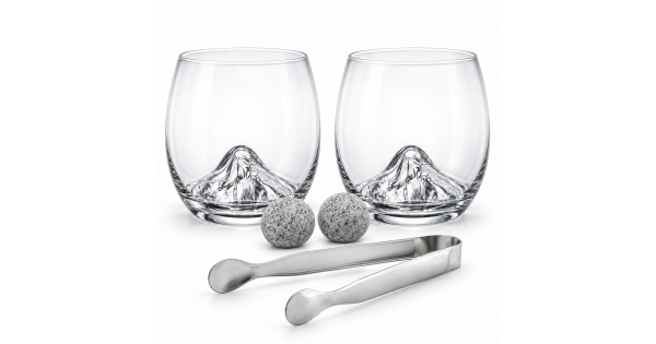 Coffret whisky Montagne Vin Bouquet avec deux verres arrondis, pierres et pince