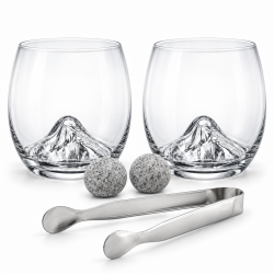 Coffret whisky Montagne Vin Bouquet avec deux verres arrondis, pierres et pince