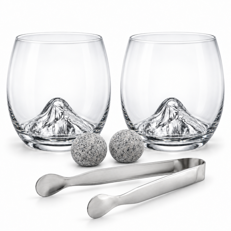 Coffret whisky Montagne Vin Bouquet avec deux verres arrondis, pierres et pince