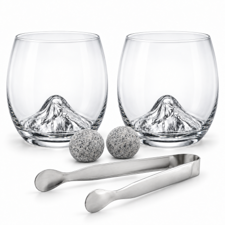 Coffret whisky Montagne Vin Bouquet avec deux verres arrondis, pierres et pince