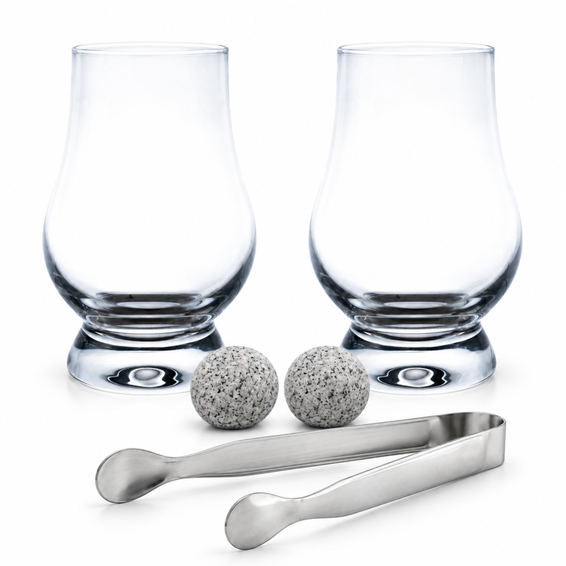 Coffret whisky Tulipe Vin Bouquet avec deux verres, deux pierres et une pince