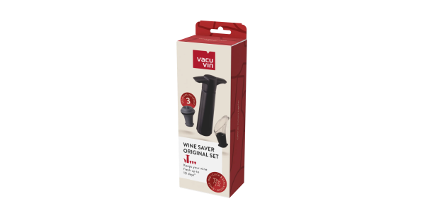 Emballage du set Wine Saver Vacu Vin avec trois bouchons et verseur