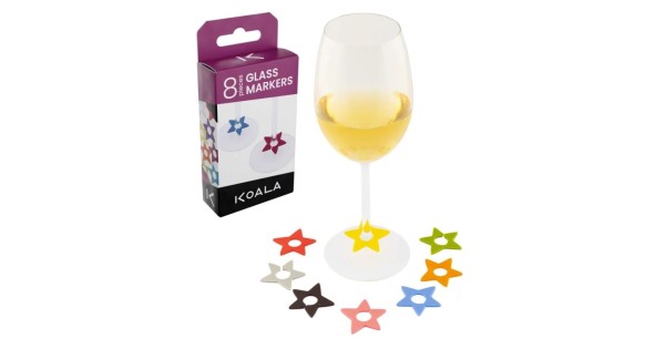 Boîte de huit marque-verres Étoiles Koala avec exemple sur un verre