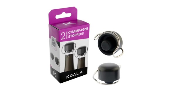 Deux bouchons à champagne noirs Koala avec leur boîte