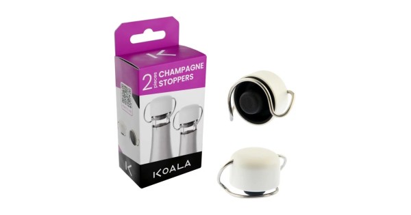 Boîte de deux bouchons à champagne blancs Koala et détail du joint
