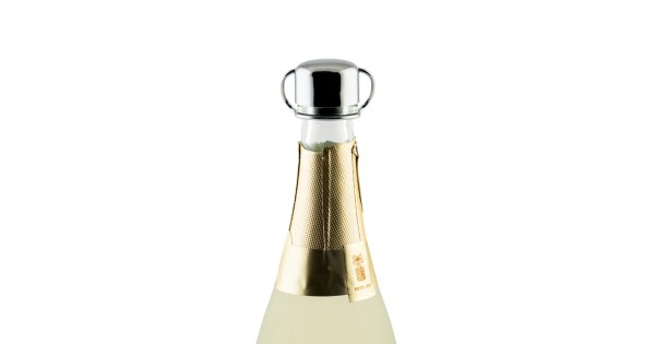 Bouchon Premium argenté Koala posé sur une bouteille de champagne