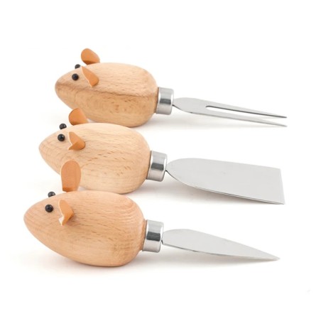 Trois couteaux à fromage Souris Kikkerland, manches en bois et lames inox