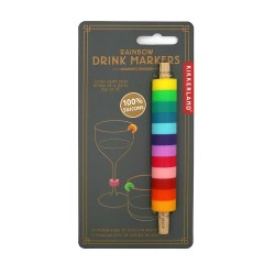 Marque-verres Arc-en-ciel Kikkerland par 12 sur leur support en bois, emballage