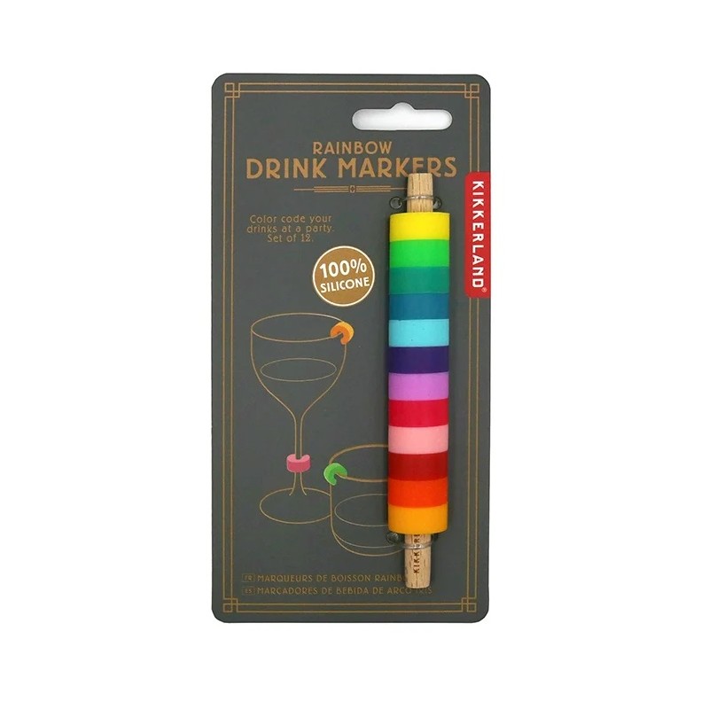 Marque-verres Arc-en-ciel Kikkerland par 12 sur leur support en bois, emballage