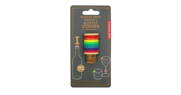 Emballage des huit marque-verres Arc-en-ciel et du bouchon Kikkerland