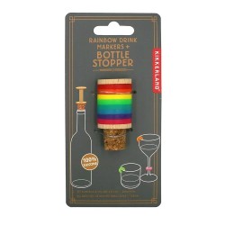 Emballage des huit marque-verres Arc-en-ciel et du bouchon Kikkerland