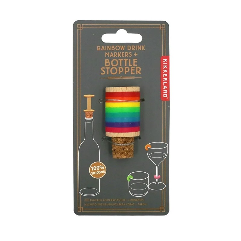 Emballage des huit marque-verres Arc-en-ciel et du bouchon Kikkerland